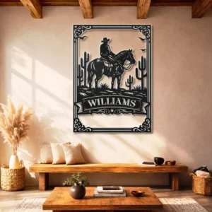 Personalized Cowboy Horse Metal Art, Large Rustic Wild West Sign, Optional RGB LED, Ranch Decor Gift