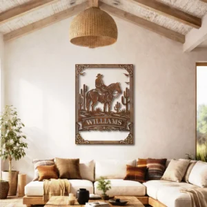 Personalized Cowboy Horse Metal Art, Large Rustic Wild West Sign, Optional RGB LED, Ranch Decor Gift