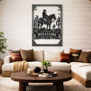 Personalized Cowboy Horse Metal Art, Large Rustic Wild West Sign, Optional RGB LED, Ranch Decor Gift