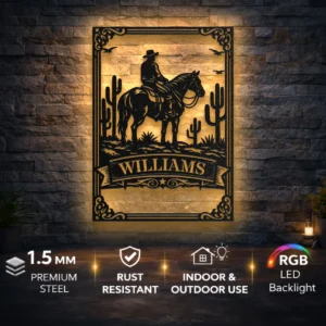 Personalized Cowboy Horse Metal Art, Large Rustic Wild West Sign, Optional RGB LED, Ranch Decor Gift