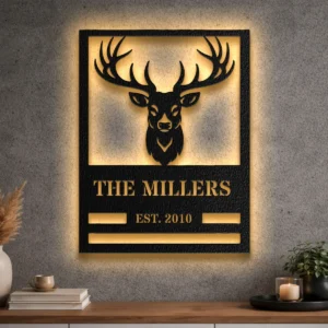 Oversized personalized deer head metal sign with family name