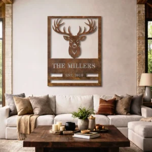 Personalized Deer Head Family Name Sign, Oversized Rustic Cabin Decor, Optional RGB LED, Housewarming Gift