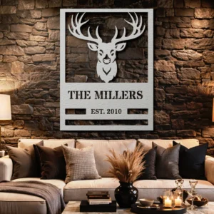 Personalized Deer Head Family Name Sign, Oversized Rustic Cabin Decor, Optional RGB LED, Housewarming Gift