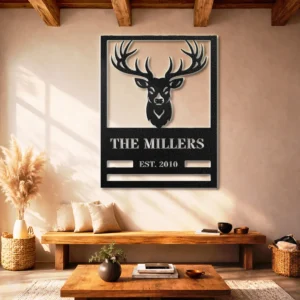 Personalized Deer Head Family Name Sign, Oversized Rustic Cabin Decor, Optional RGB LED, Housewarming Gift