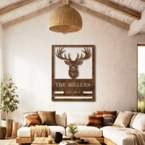 Personalized Deer Head Family Name Sign, Oversized Rustic Cabin Decor, Optional RGB LED, Housewarming Gift