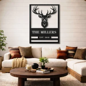 Personalized Deer Head Family Name Sign, Oversized Rustic Cabin Decor, Optional RGB LED, Housewarming Gift