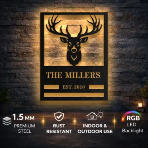 Personalized Deer Head Family Name Sign, Oversized Rustic Cabin Decor, Optional RGB LED, Housewarming Gift