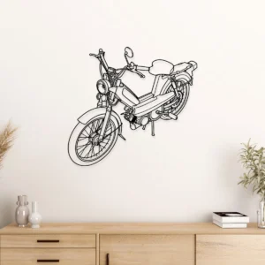 Black metal Peugeot 103 moped wall art on a white wall.