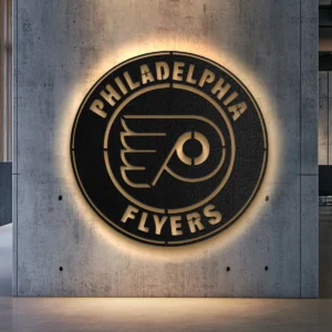 Philadelphia Flyers metal logo wall art with LED backlight on concrete wall