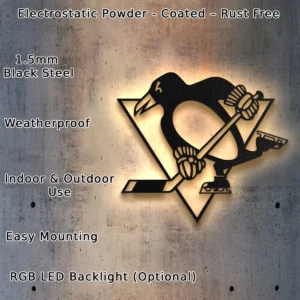 Pittsburgh Penguins Metal Art, Iconic NHL Logo Display, Optional LED Game Room Decor, Hockey Fan Gift