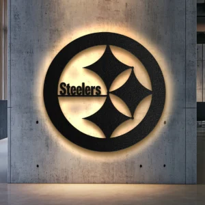 Black metal Pittsburgh Steelers Steelmark logo wall art with bright LED backlighting.