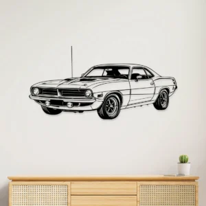 Black metal silhouette of a 1970 Plymouth Barracuda wall art for car enthusiasts.