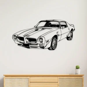 Black metal silhouette of a 1970 Pontiac Firebird Trans Am wall art for home decor.