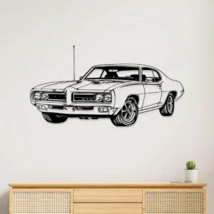 Black metal silhouette of a 1969 Pontiac GTO wall art.
