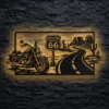 Oversized Route 66 motorcycle metal wall art with LED backlight.