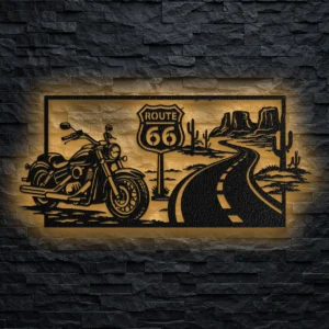 Oversized Route 66 motorcycle metal wall art with LED backlight