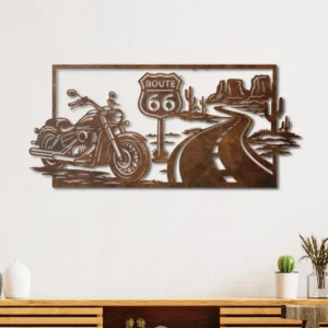 Route 66 Motorcycle Metal Wall Art, Oversized Rustic Desert Decor, American Road Trip Sign, Optional RGB LED, Biker Gift