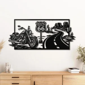 Route 66 Motorcycle Metal Wall Art, Oversized Rustic Desert Decor, American Road Trip Sign, Optional RGB LED, Biker Gift