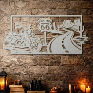 Route 66 Motorcycle Metal Wall Art, Oversized Rustic Desert Decor, American Road Trip Sign, Optional RGB LED, Biker Gift