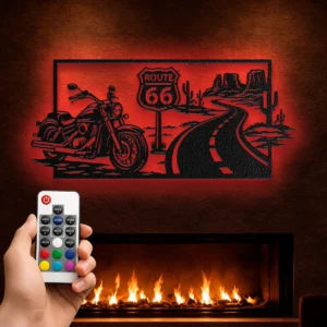 Route 66 Motorcycle Metal Wall Art, Oversized Rustic Desert Decor, American Road Trip Sign, Optional RGB LED, Biker Gift
