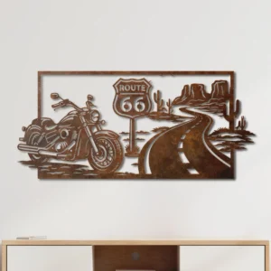 Route 66 Motorcycle Metal Wall Art, Oversized Rustic Desert Decor, American Road Trip Sign, Optional RGB LED, Biker Gift