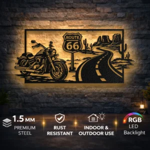 Route 66 Motorcycle Metal Wall Art, Oversized Rustic Desert Decor, American Road Trip Sign, Optional RGB LED, Biker Gift