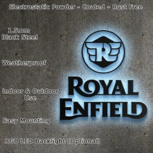 Royal Enfield Metal Logo, Classic Motorcycle Wall Art, Backlit LED Sign, Rider's Den Decor