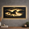 Large running horse metal wall art with a mountain and forest scene.