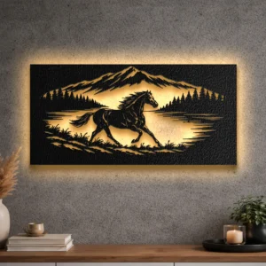 Large running horse metal wall art with a mountain and forest scene.