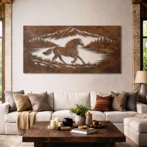 Running Horse Mountain Scene Metal Art, Oversized Rustic Wildlife Silhouette, Optional LED Backlight, Horse Lover Gift