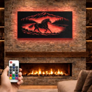 Running Horse Mountain Scene Metal Art, Oversized Rustic Wildlife Silhouette, Optional LED Backlight, Horse Lover Gift