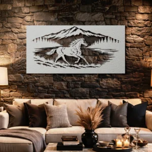 Running Horse Mountain Scene Metal Art, Oversized Rustic Wildlife Silhouette, Optional LED Backlight, Horse Lover Gift