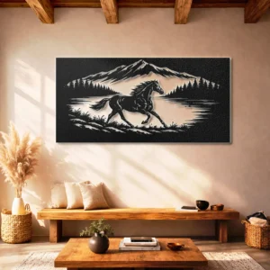 Running Horse Mountain Scene Metal Art, Oversized Rustic Wildlife Silhouette, Optional LED Backlight, Horse Lover Gift