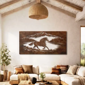 Running Horse Mountain Scene Metal Art, Oversized Rustic Wildlife Silhouette, Optional LED Backlight, Horse Lover Gift
