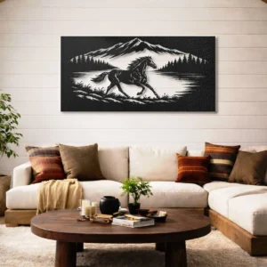 Running Horse Mountain Scene Metal Art, Oversized Rustic Wildlife Silhouette, Optional LED Backlight, Horse Lover Gift