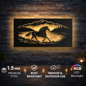Running Horse Mountain Scene Metal Art, Oversized Rustic Wildlife Silhouette, Optional LED Backlight, Horse Lover Gift