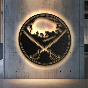 Black metal Buffalo Sabres logo wall art with golden accents.