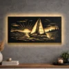 A large sailboat sunset sea scene metal wall art with optional LED backlight.
