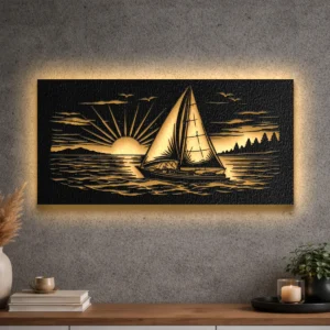 A large sailboat sunset sea scene metal wall art with optional LED backlight.