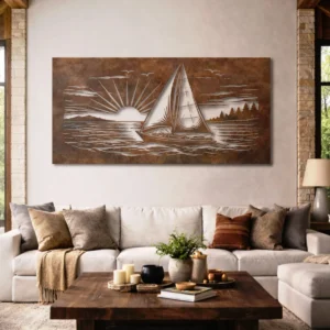 Sailboat Sunset Sea Scene Metal Wall Art, Oversized Rustic Coastal Decor, Optional LED Backlight, Nautical Home Gift