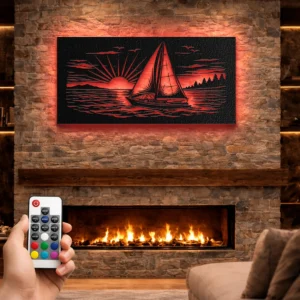 Sailboat Sunset Sea Scene Metal Wall Art, Oversized Rustic Coastal Decor, Optional LED Backlight, Nautical Home Gift