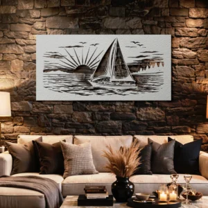 Sailboat Sunset Sea Scene Metal Wall Art, Oversized Rustic Coastal Decor, Optional LED Backlight, Nautical Home Gift