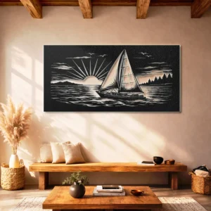 Sailboat Sunset Sea Scene Metal Wall Art, Oversized Rustic Coastal Decor, Optional LED Backlight, Nautical Home Gift