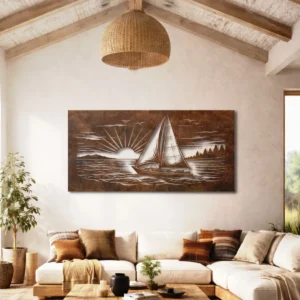 Sailboat Sunset Sea Scene Metal Wall Art, Oversized Rustic Coastal Decor, Optional LED Backlight, Nautical Home Gift