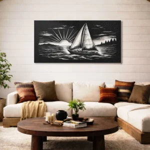 Sailboat Sunset Sea Scene Metal Wall Art, Oversized Rustic Coastal Decor, Optional LED Backlight, Nautical Home Gift