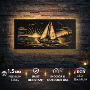 Sailboat Sunset Sea Scene Metal Wall Art, Oversized Rustic Coastal Decor, Optional LED Backlight, Nautical Home Gift