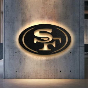 San Francisco 49ers metal logo wall art with LED backlighting.