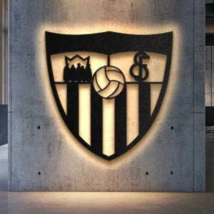 Black metal Sevilla FC shield logo wall art with bright LED backlighting