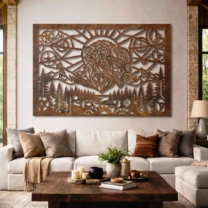 Steampunk Bison Horizon Metal Wall Art, Oversized Rustic Industrial Decor, Optional RGB LED, Nature Lover Gift