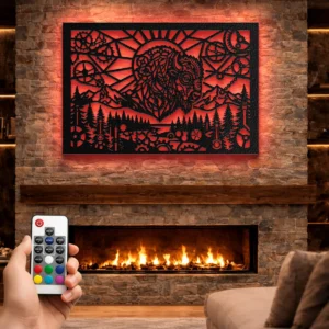 Steampunk Bison Horizon Metal Wall Art, Oversized Rustic Industrial Decor, Optional RGB LED, Nature Lover Gift